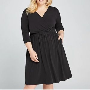 Lane Bryant Faux Wrap Gathered Black Fit and Flare Dress, 14/16, NWT